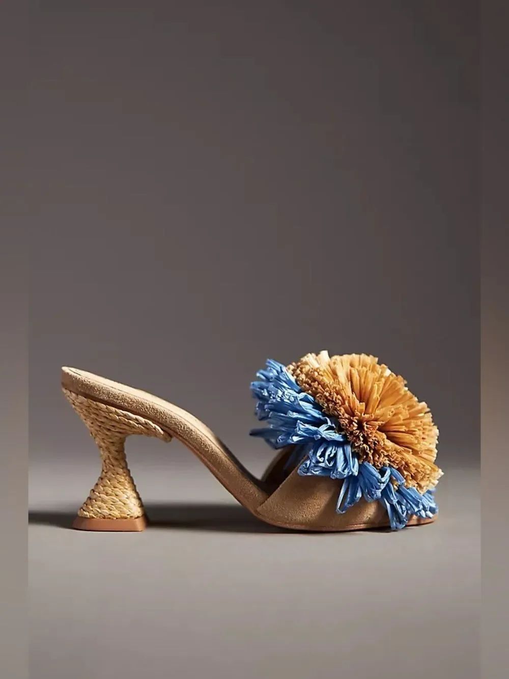 Paloma Barceló Blue & Tan Raffia Floral Heel Slide